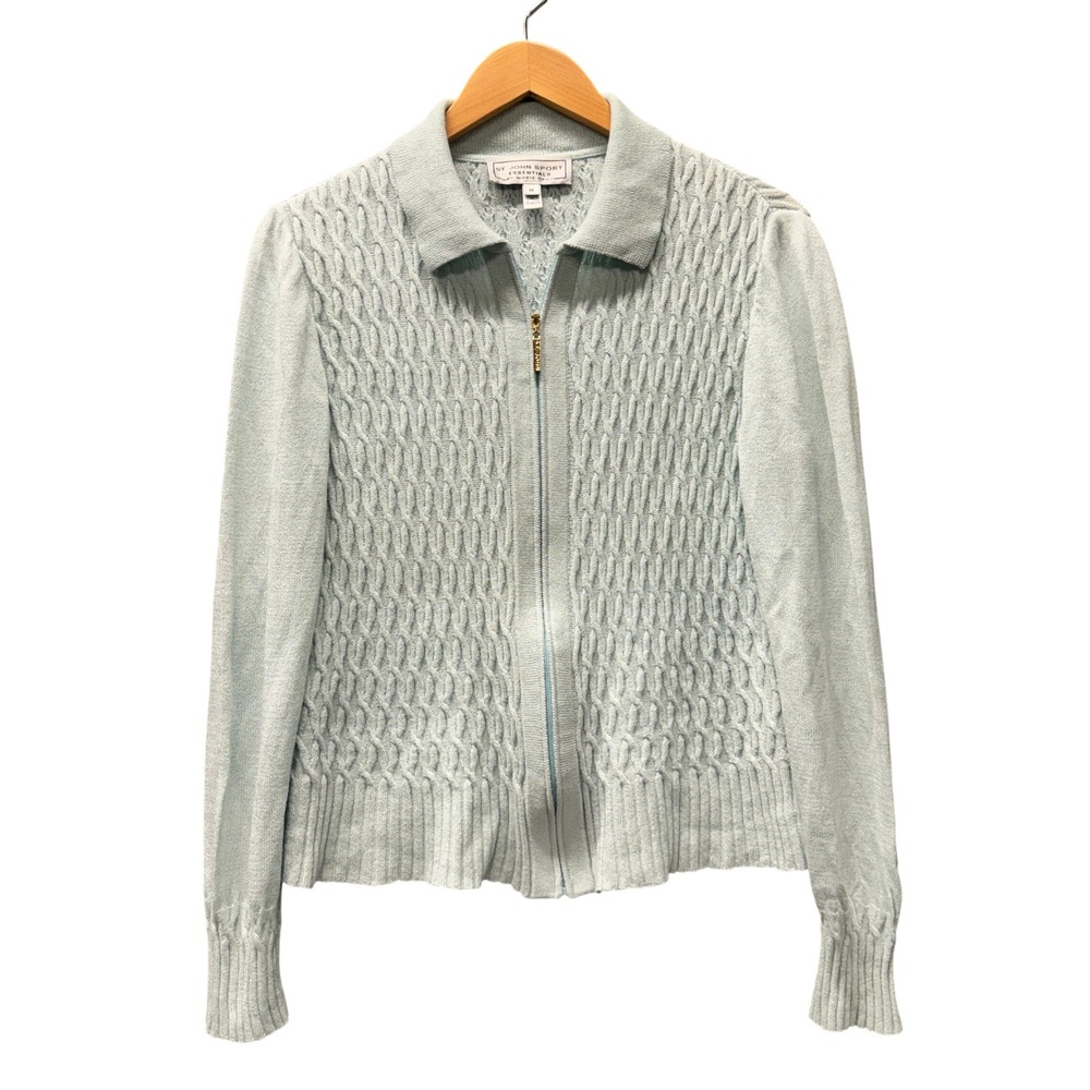 St John Sport Essentials Cardigan Womens M Zip Up Light Blue Cable Knit Vintage